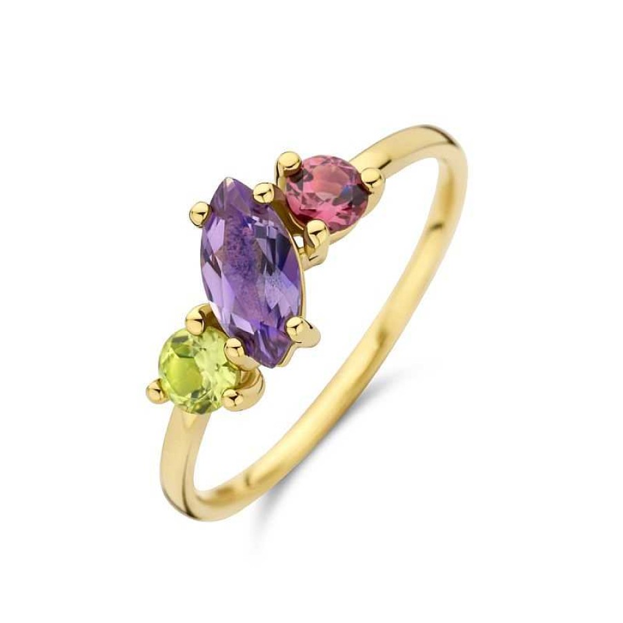 Ringen Mostert Huiscollectie | 14-Karaat Gouden Ring Met Ronde Rhodoliet En Peridoot En Marquise Amethist