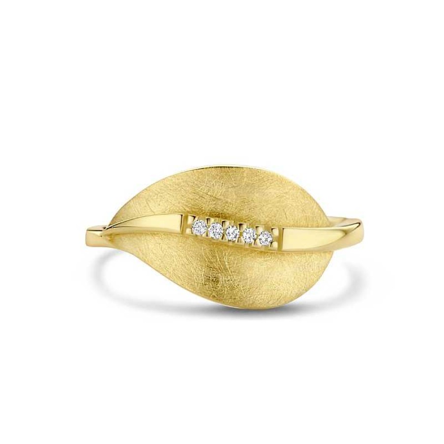 Ringen Mostert Huiscollectie | 14-Karaat Gouden Ring Met Blad Gescratcht En Diamanten