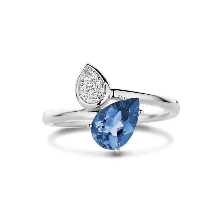 Ringen Mostert Huiscollectie | 14-Karaat Gouden Ring Met Druppelvormige Londen Blue Topaas En Diamanten 0.0555 Crt