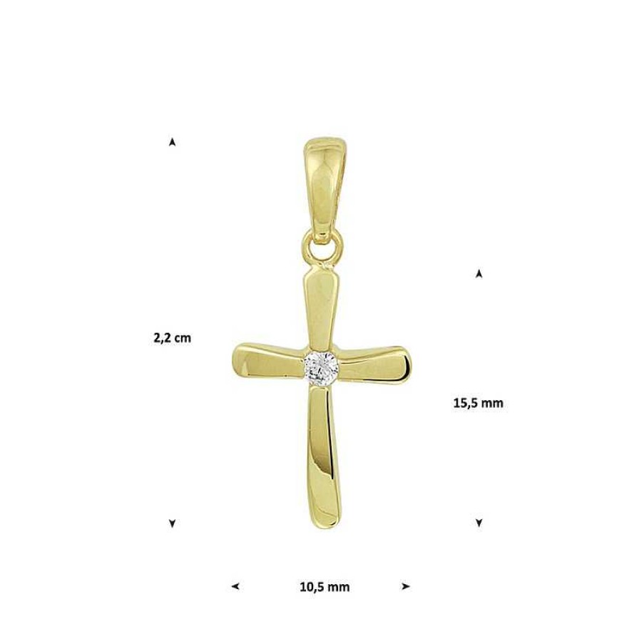 Hangers Mostert Huiscollectie | 14-Karaat Kruis Hanger Met Zirkonia - 15.5 X 10.5 Mm