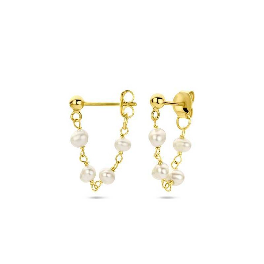 Oorbellen Mostert Huiscollectie | Gold Plated Oorhangers Met Schakels En Vier Parels - 18 Mm