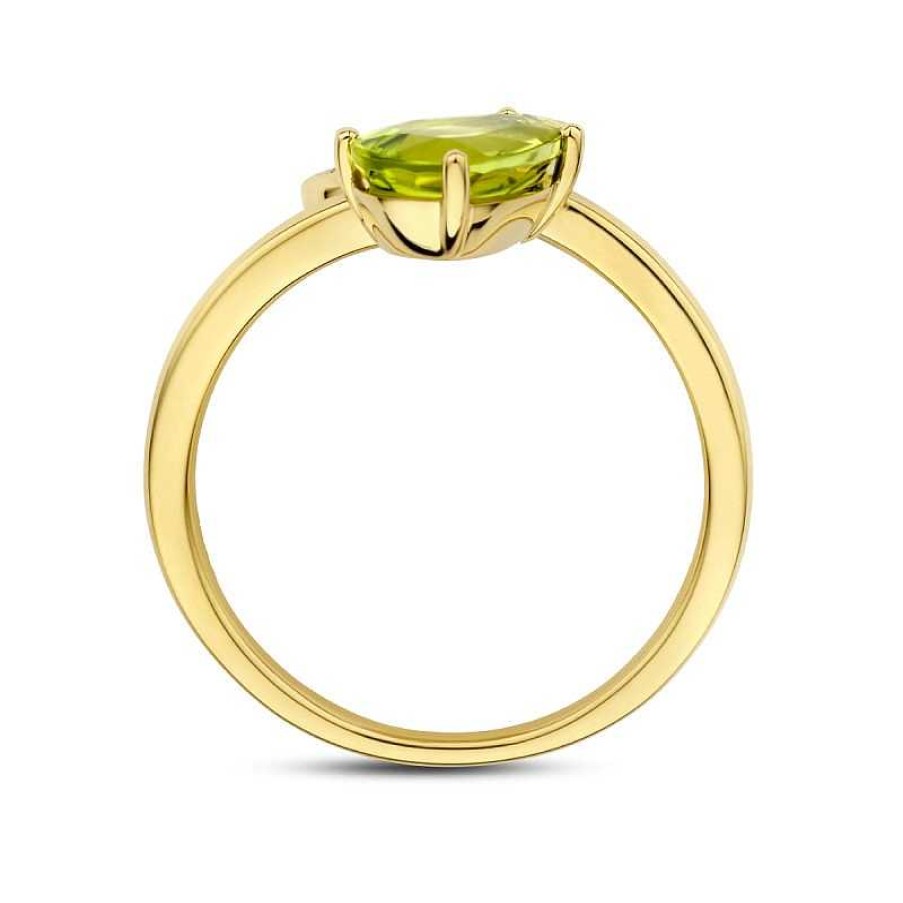 Ringen Mostert Huiscollectie | 14-Karaat Gouden Ring Met Druppelvormige Peridoot En Diamanten 0.0555 Crt