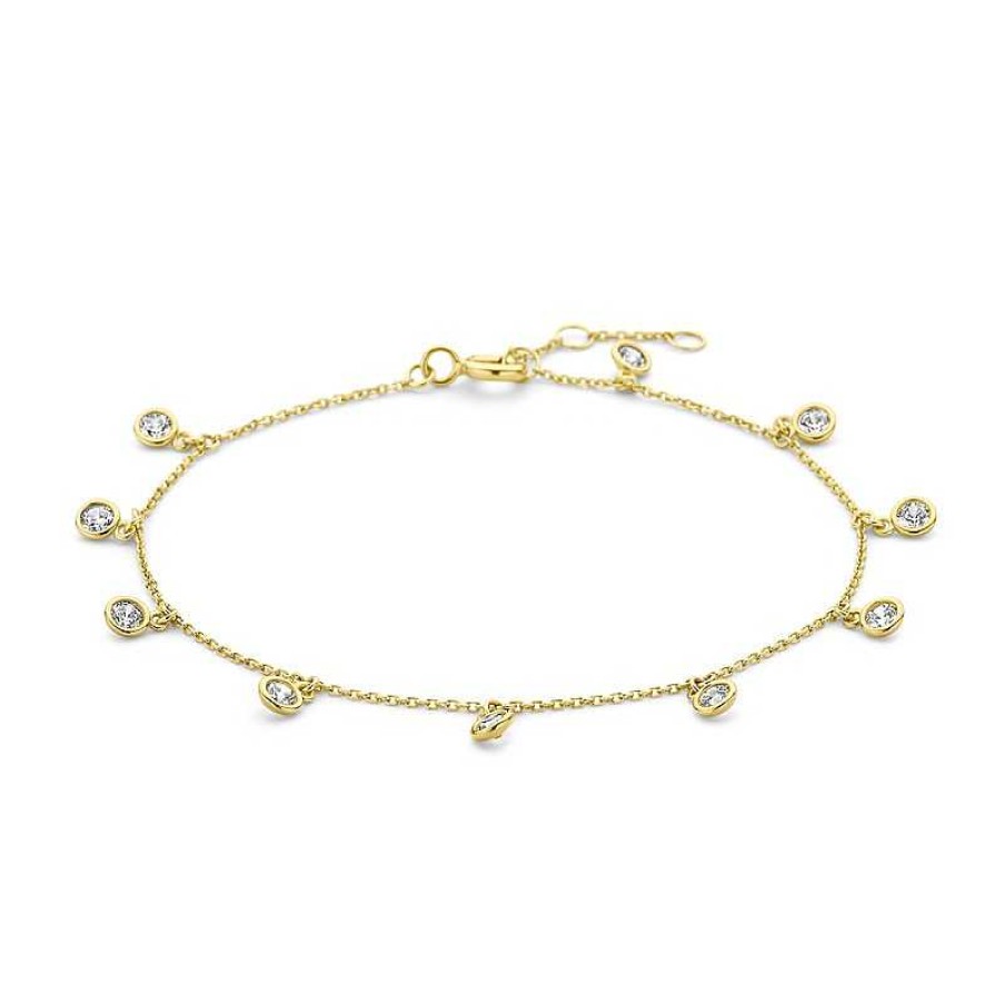 Armbanden Mostert Huiscollectie | 14-Karaat Gouden Armband Met Ronde Zirkonia Hangers Van 3.4 Mm Groot - Lengte 16.5 - 17.5 - 18.5 Cm