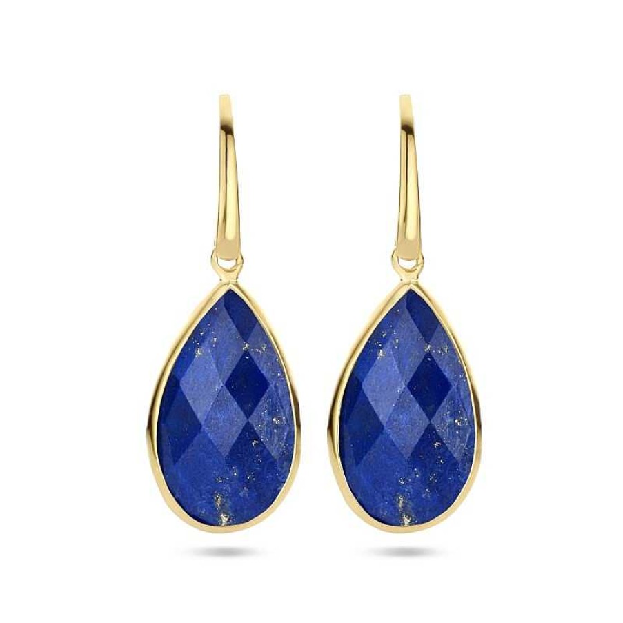 Oorbellen Mostert Huiscollectie | Gold Plated Oorhangers Met Lapis Franse Haak - 33 X 12 Mm