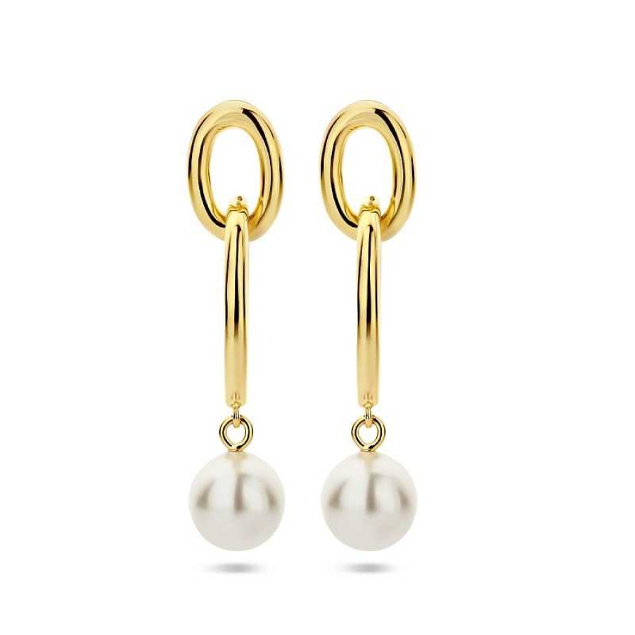 Oorbellen Mostert Huiscollectie | Gold Plated Oorhangers Ovaal Met Synth. Parel - 36 X 8 Mm