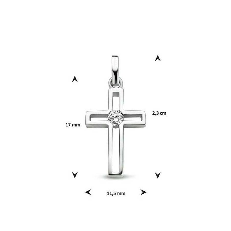 Hangers Mostert Huiscollectie | Zilveren Opengwerkte Kruis Hanger Met Zirkonia - 23 X 11.5 Mm