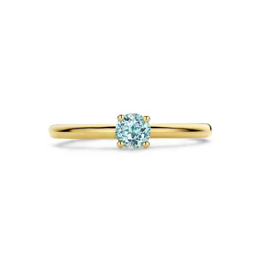 Ringen Mostert Huiscollectie | 14-Karaat Solitaire Gouden Edelsteen Ring Met Blauw Topaas 4 Mm