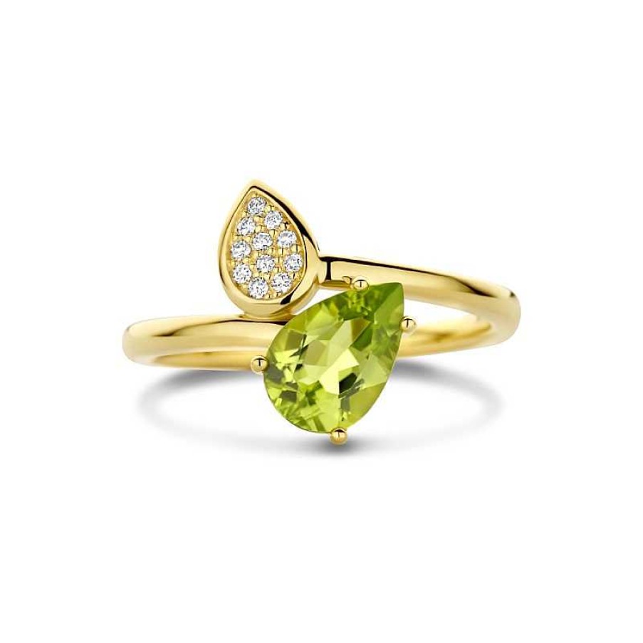 Ringen Mostert Huiscollectie | 14-Karaat Gouden Ring Met Druppelvormige Peridoot En Diamanten 0.0555 Crt