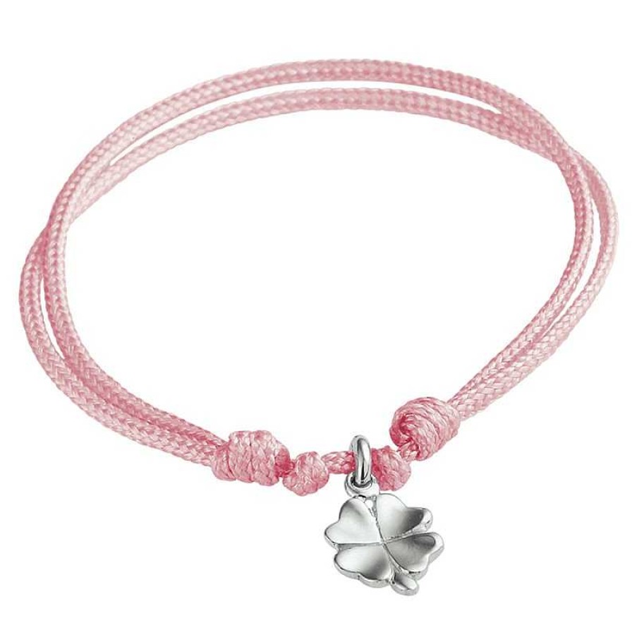 Armbanden Mostert Huiscollectie | Roze Gevlochten Kinderarmbandje Met Klavertje Vier - Lengte 9 - 19 Cm