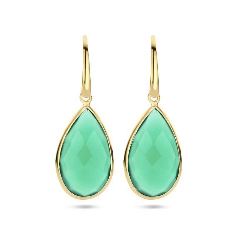 Oorbellen Mostert Huiscollectie | Gold Plated Oorhangers Met Groen Agaat Franse Haak- 33 X 12 Mm