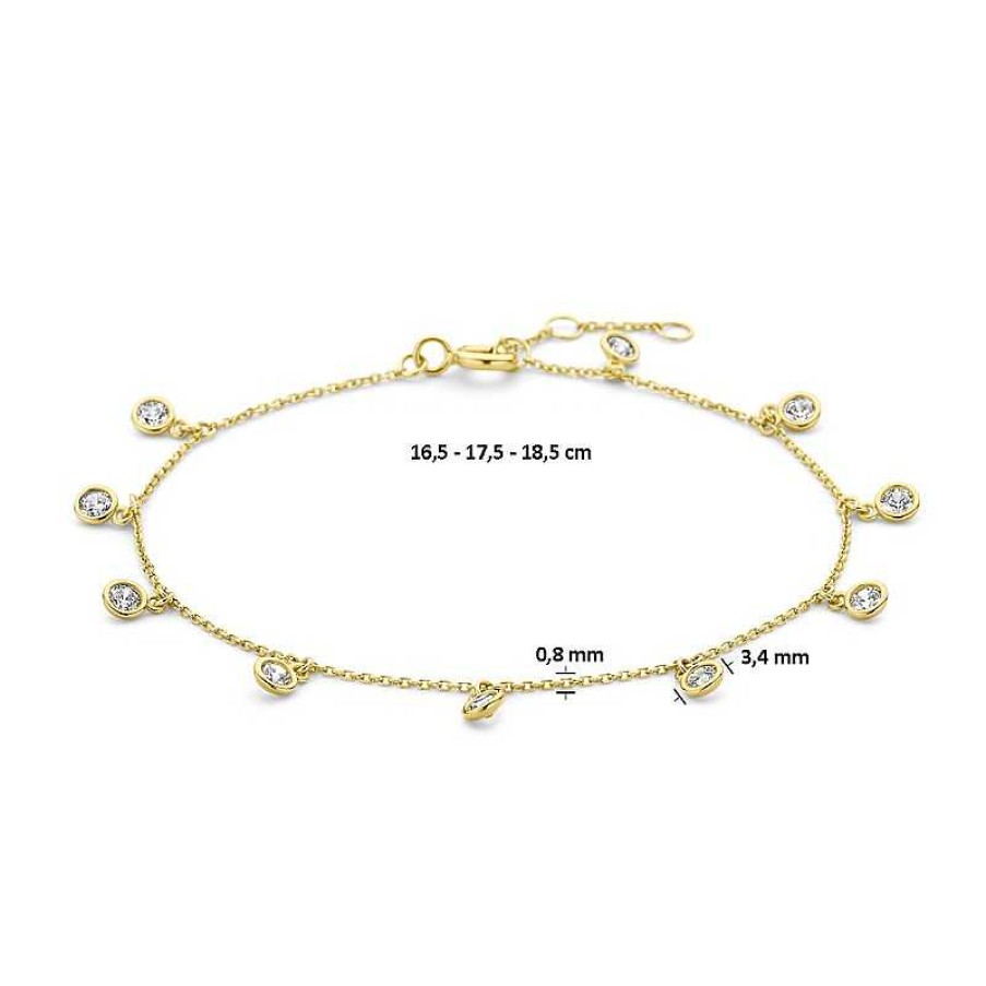 Armbanden Mostert Huiscollectie | 14-Karaat Gouden Armband Met Ronde Zirkonia Hangers Van 3.4 Mm Groot - Lengte 16.5 - 17.5 - 18.5 Cm