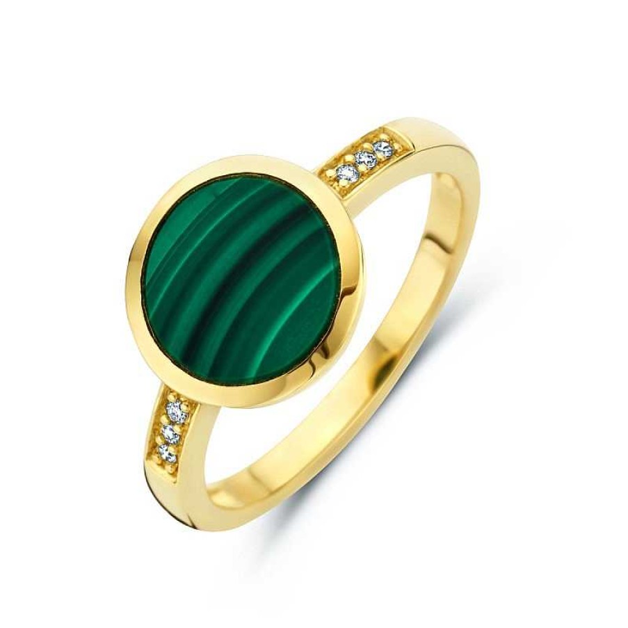 Ringen Mostert Huiscollectie | 14-Karaat Gouden Edelsteen Ring Met Groene Malachiet En Twee Rijen Diamanten 10.5 Mm Breed