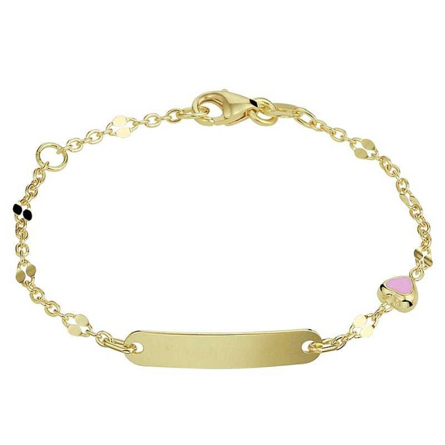 Armbanden Mostert Huiscollectie | 14-Karaat Kinder Graveerarmbandje Met Roze Hartje - Lengte 11 - 13 Cm