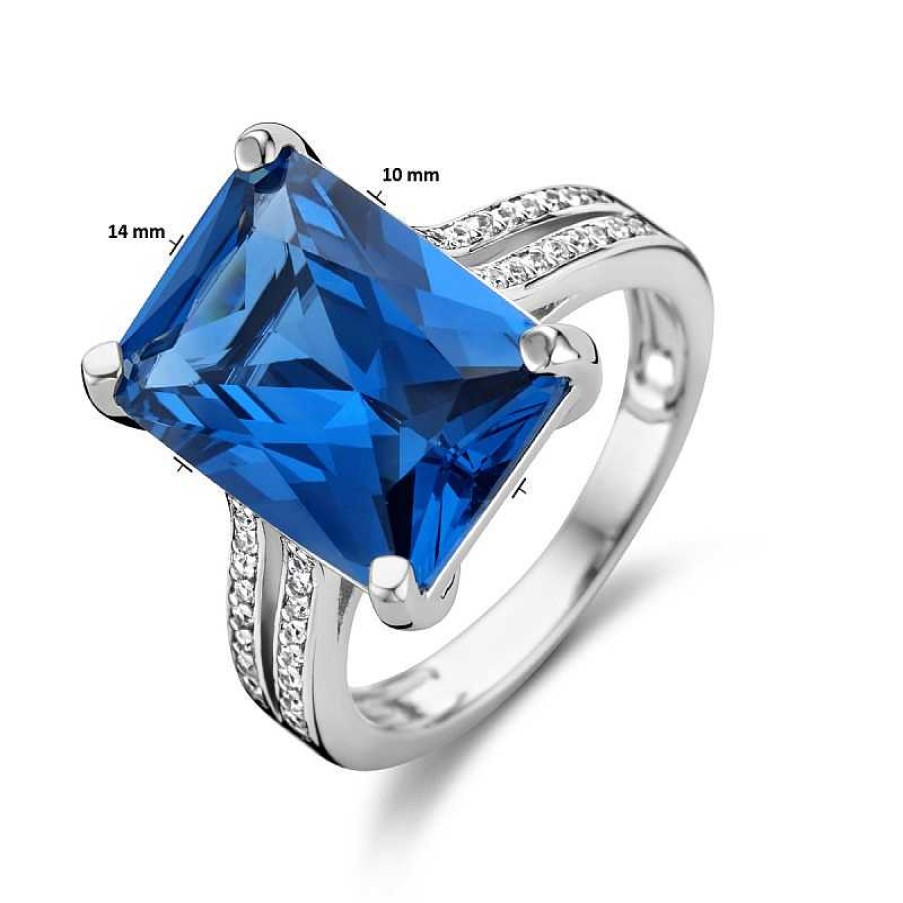 Ringen Mostert Huiscollectie | Zilveren Gerhodineerde Entourage Ring Met Blauwe Zirkonia