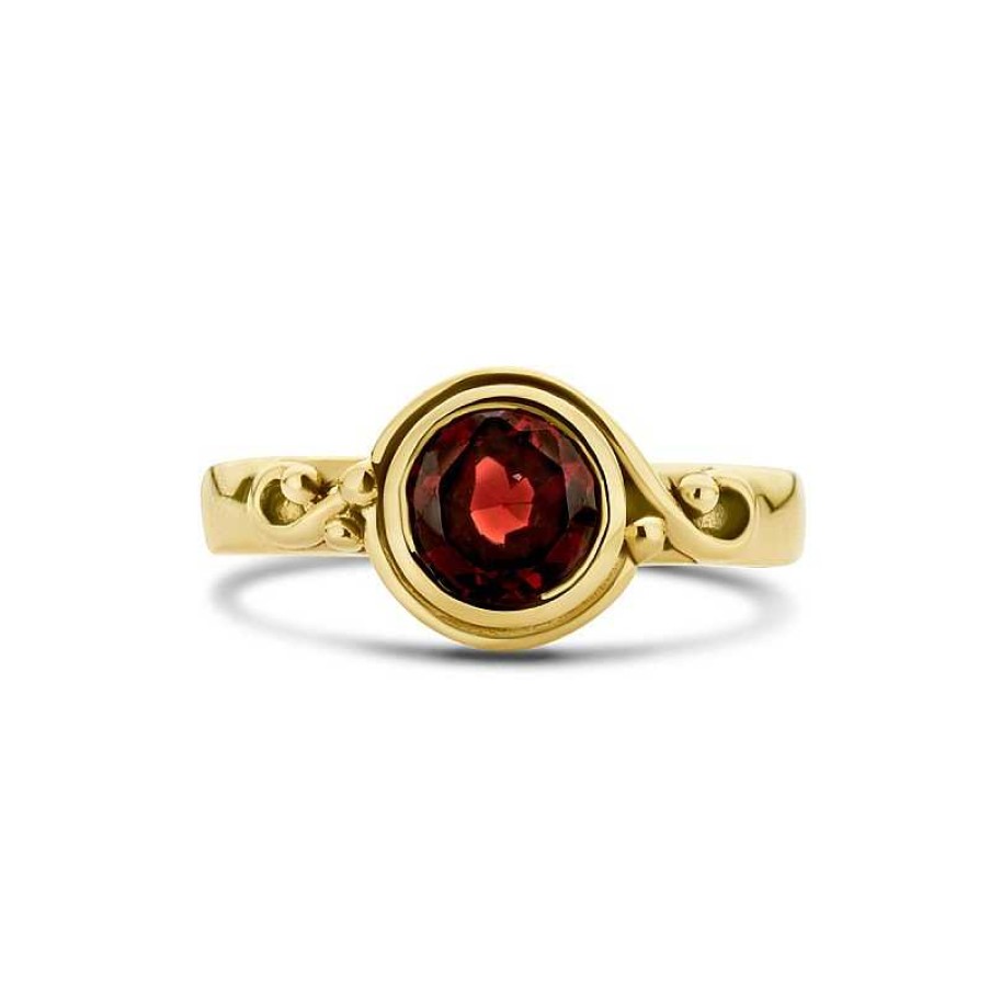 Ringen Mostert Huiscollectie | 14-Karaat Gouden Vintage Ring Met Ronde Granaat