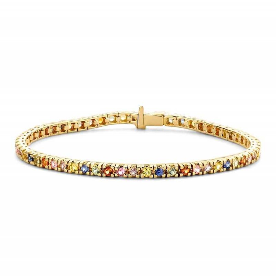 Armbanden Mostert Huiscollectie | Gouden Tennisarmband Prachtig Gekleurd Saffier Rondom 3.65 Crt