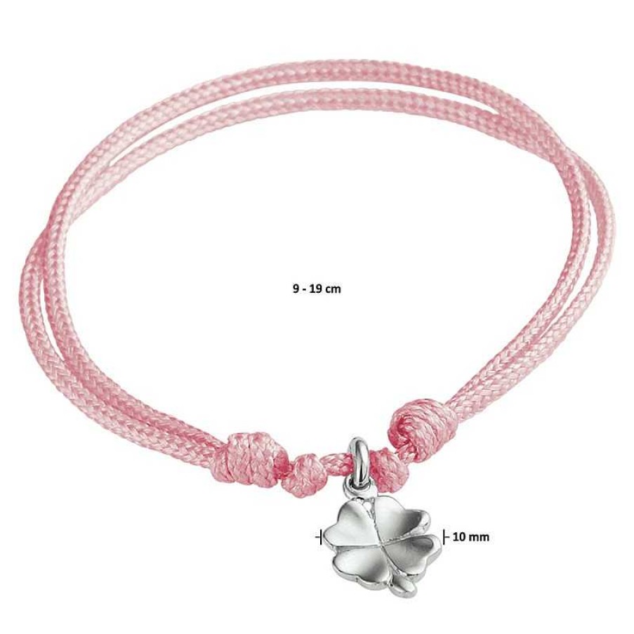 Armbanden Mostert Huiscollectie | Roze Gevlochten Kinderarmbandje Met Klavertje Vier - Lengte 9 - 19 Cm