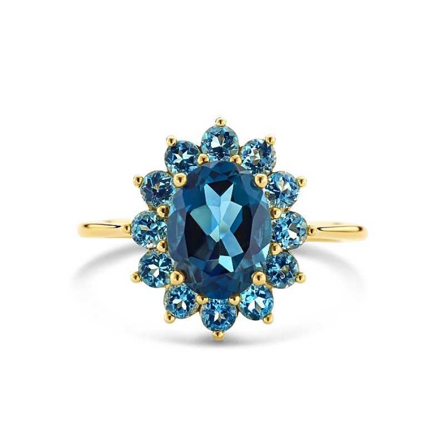 Ringen Mostert Huiscollectie | 14-Karaat Gouden Vintage Ring Met London Blue Topaas Bloem 15 Mm Breed