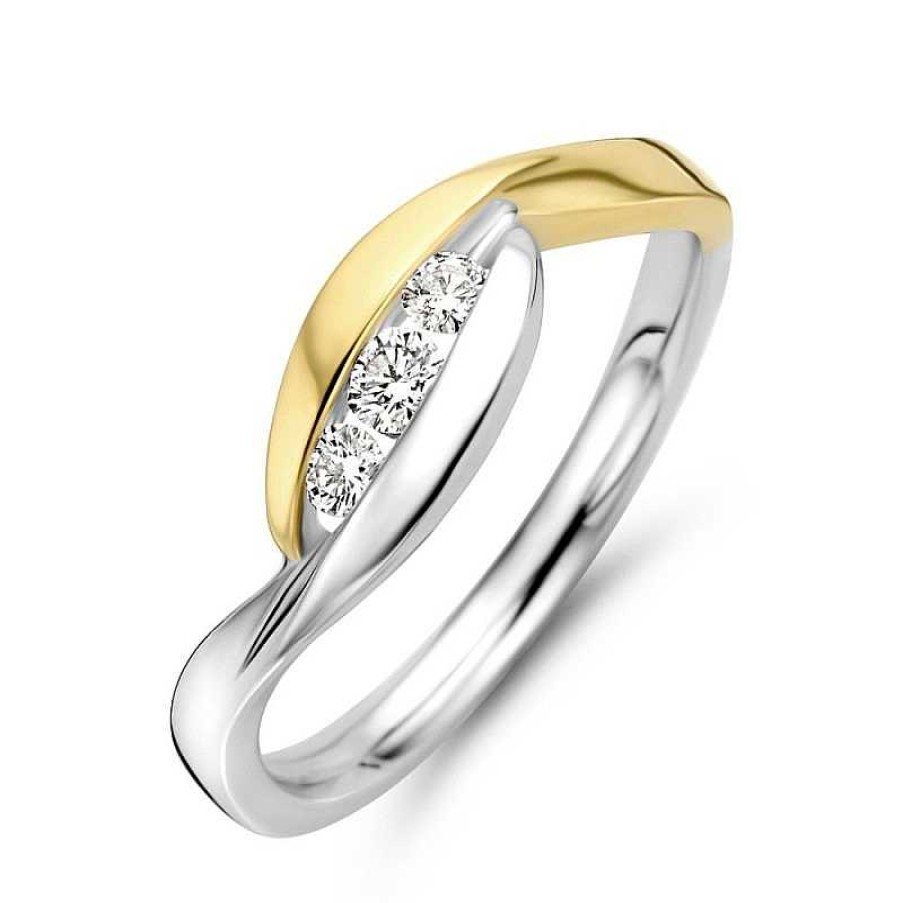 Ringen Mostert Huiscollectie | Stijlvolle Bicolor Ring Met Drie Diamanten In Spanzetting 0.18 Crt.