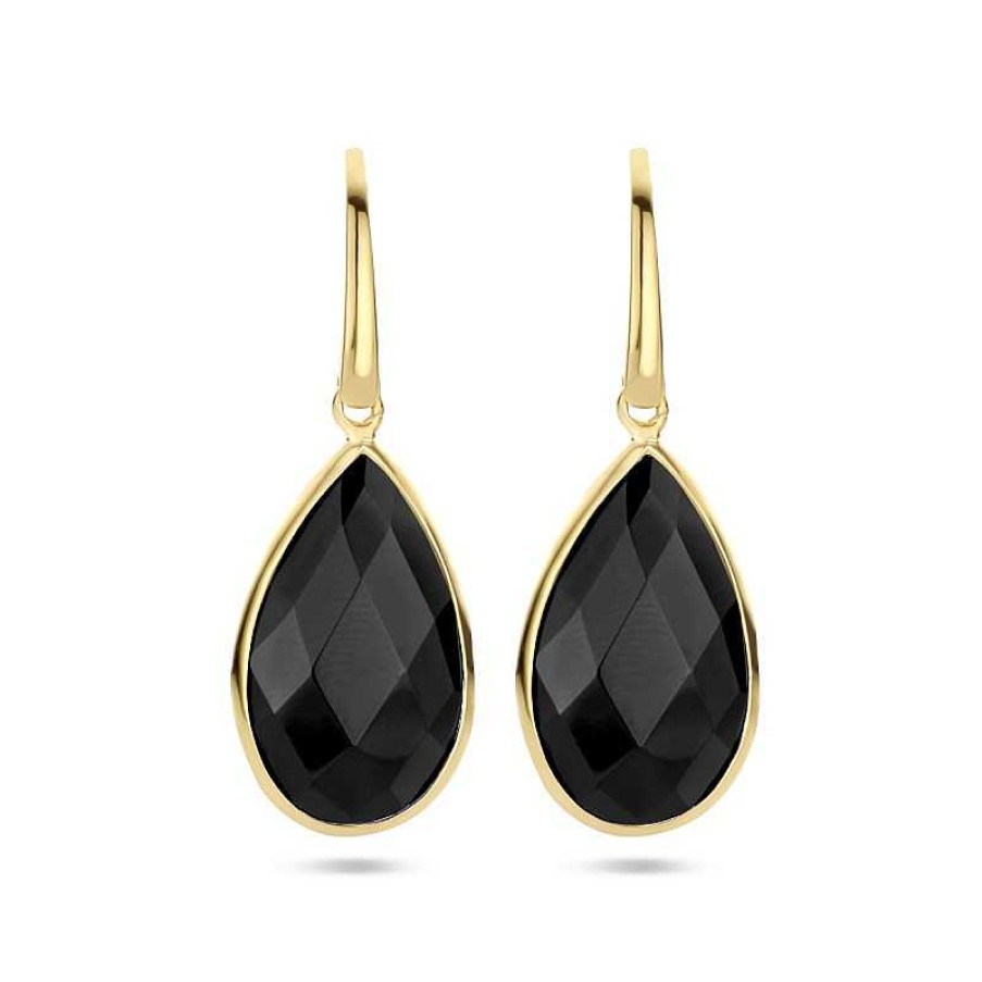 Oorbellen Mostert Huiscollectie | Gold Plated Oorhangers Met Onyx - 33 X 12 Mm