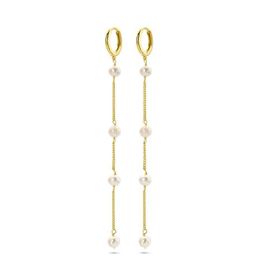 Oorbellen Mostert Huiscollectie | Gold Plated Oorhangers Met Oorringen En Vier Parels - Lengte 80 Mm