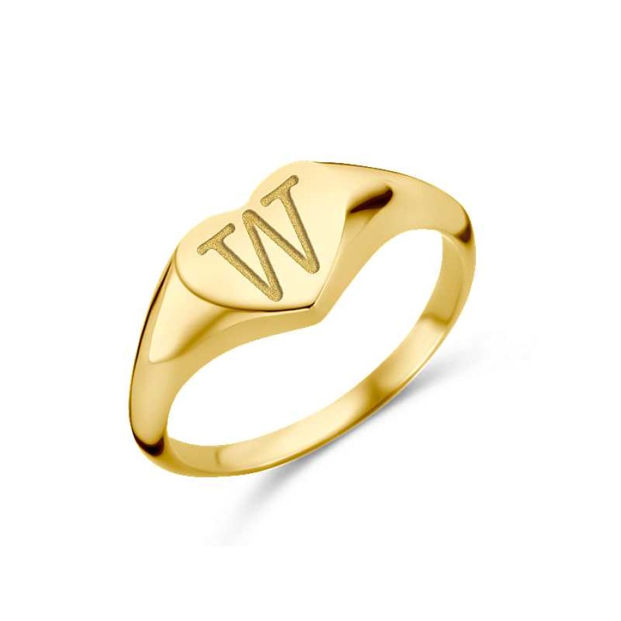 Ringen Names4ever | Gouden Zegelring Hartvorm Met Initiaal