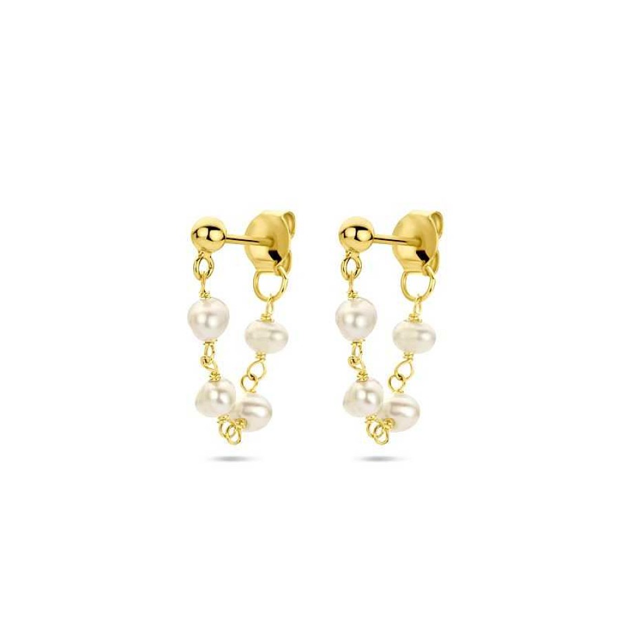 Oorbellen Mostert Huiscollectie | Gold Plated Oorhangers Met Schakels En Vier Parels - 18 Mm